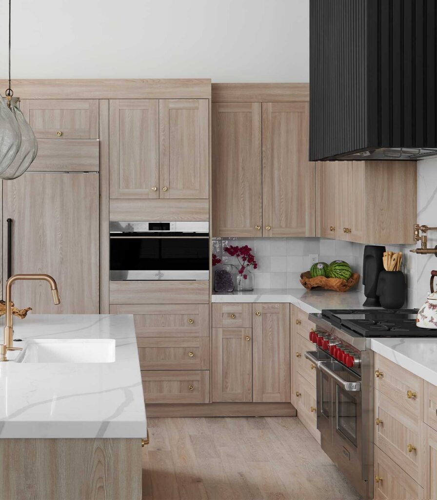 Lioher Cava shaker kitchen cabinet door in a Syncron woodgrain finish (Rosales family), showing continuous vertical grooves in the 8 mm center panel