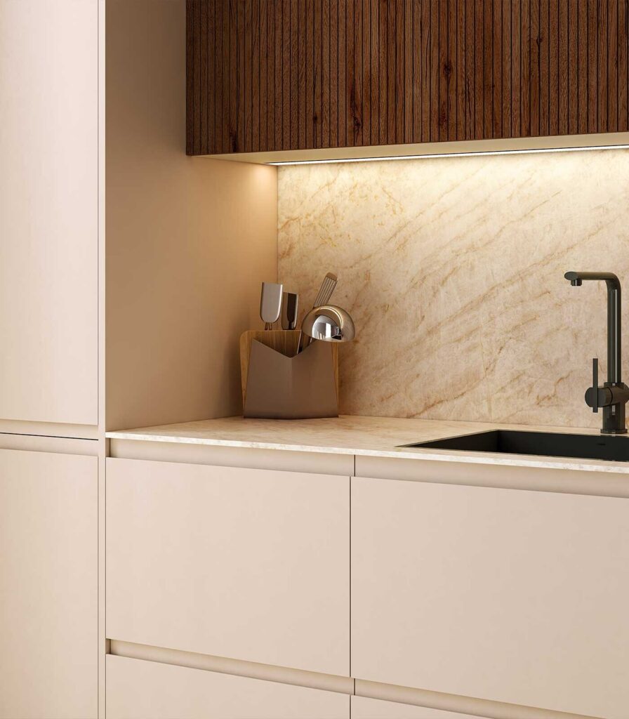 Lioher Finger Pull kitchen cabinet door in Cashmere SM (Zenit super matte), showing the recessed grip routed along the top edge